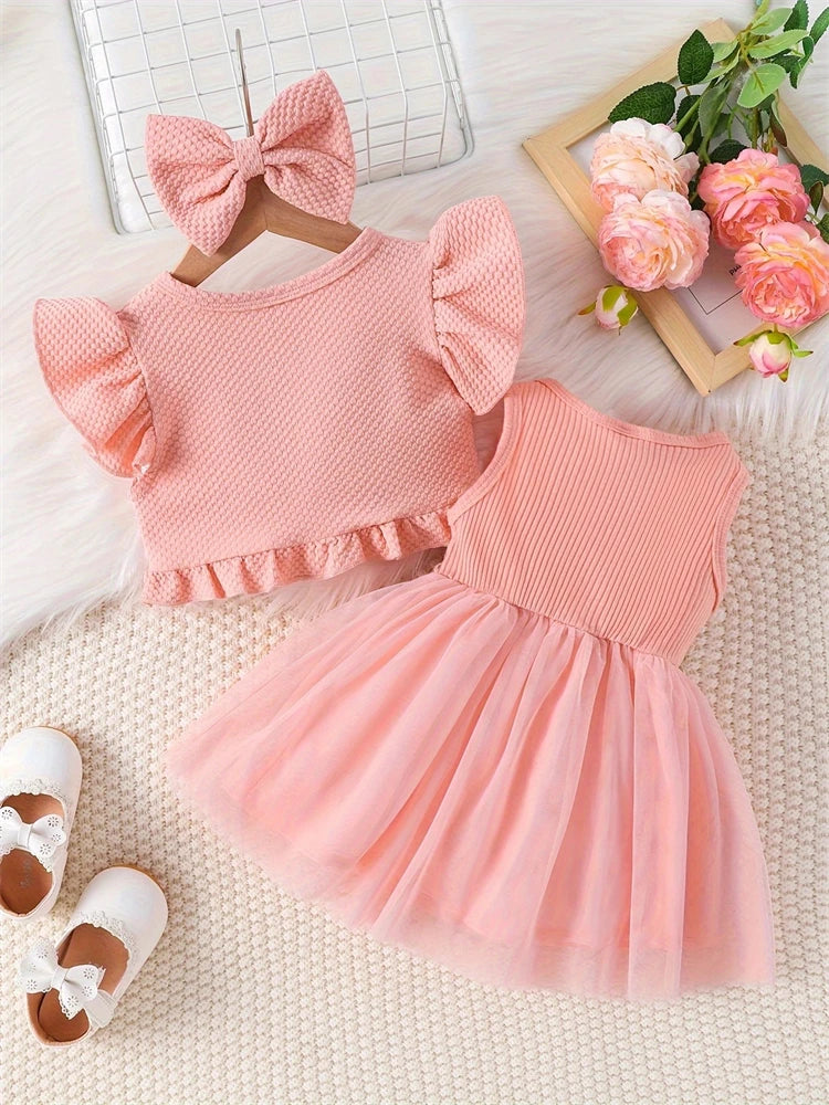 Vestido Infantil de Verão com Flor na Cintura – Conjunto com Bolero e Laço para Bebês