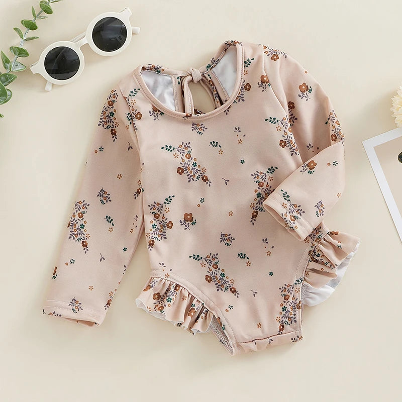 Maiô Infantil Floral Manga Longa com Babados