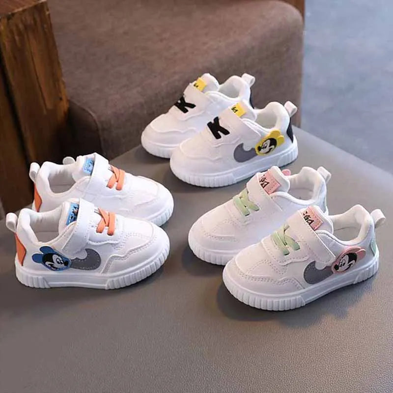 Tênis Infantil Mickey Branco – Sapato Casual Confortável com Velcro para Meninos e Meninas