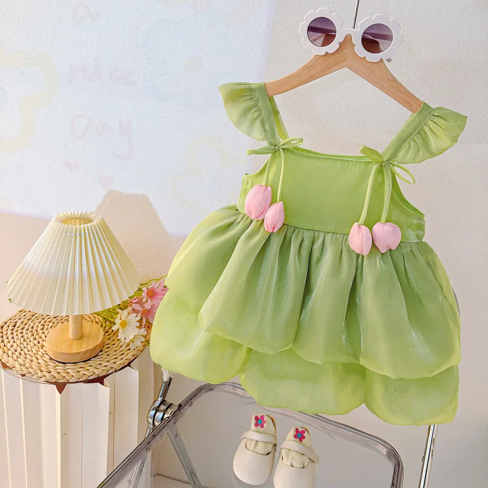 Vestido Infantil Feminino Tule Rosa ou Off White com Detalhe de Tulipas – Encanto e Delicadeza para Ocasiões Especiais