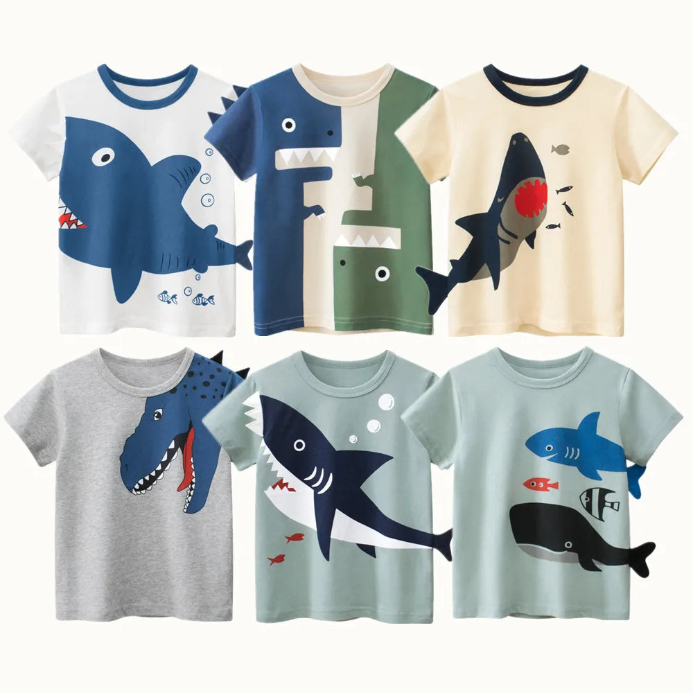 Camisetas Infantis 100% Algodão com Estampa 3D – Tubarões e Dinossauros Divertidos