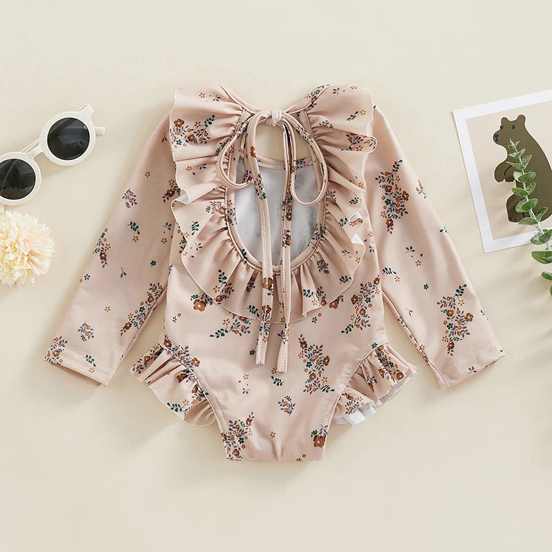 Maiô Infantil Floral Manga Longa com Babados