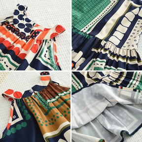 Vestido Infantil Verão Sem Manga com Estampa Patchwork Colorida – Moda Coreana para Meninas