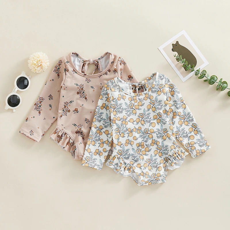Maiô Infantil Floral Manga Longa com Babados