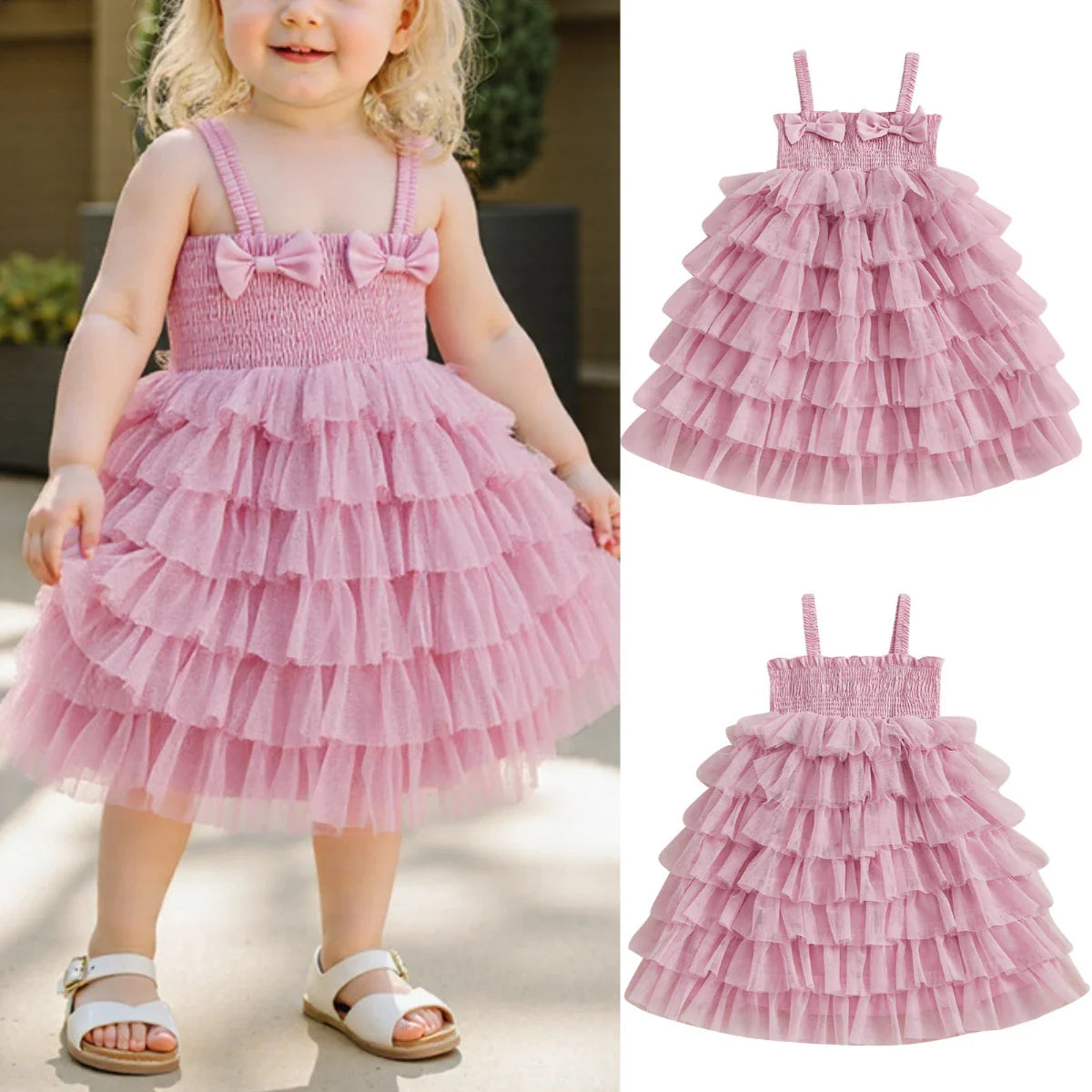 Vestido Infantil Rosa com Babados em Camadas e Laços – Roupa de Festa para Meninas