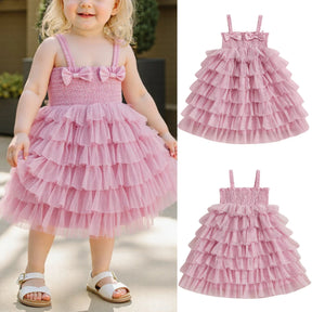 Vestido Infantil Rosa com Babados em Camadas e Laços – Roupa de Festa para Meninas