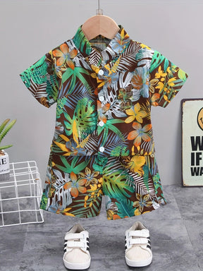 Conjunto Infantil de Verão com Camisa Floral e Shorts – Estilo Tropical para Meninos