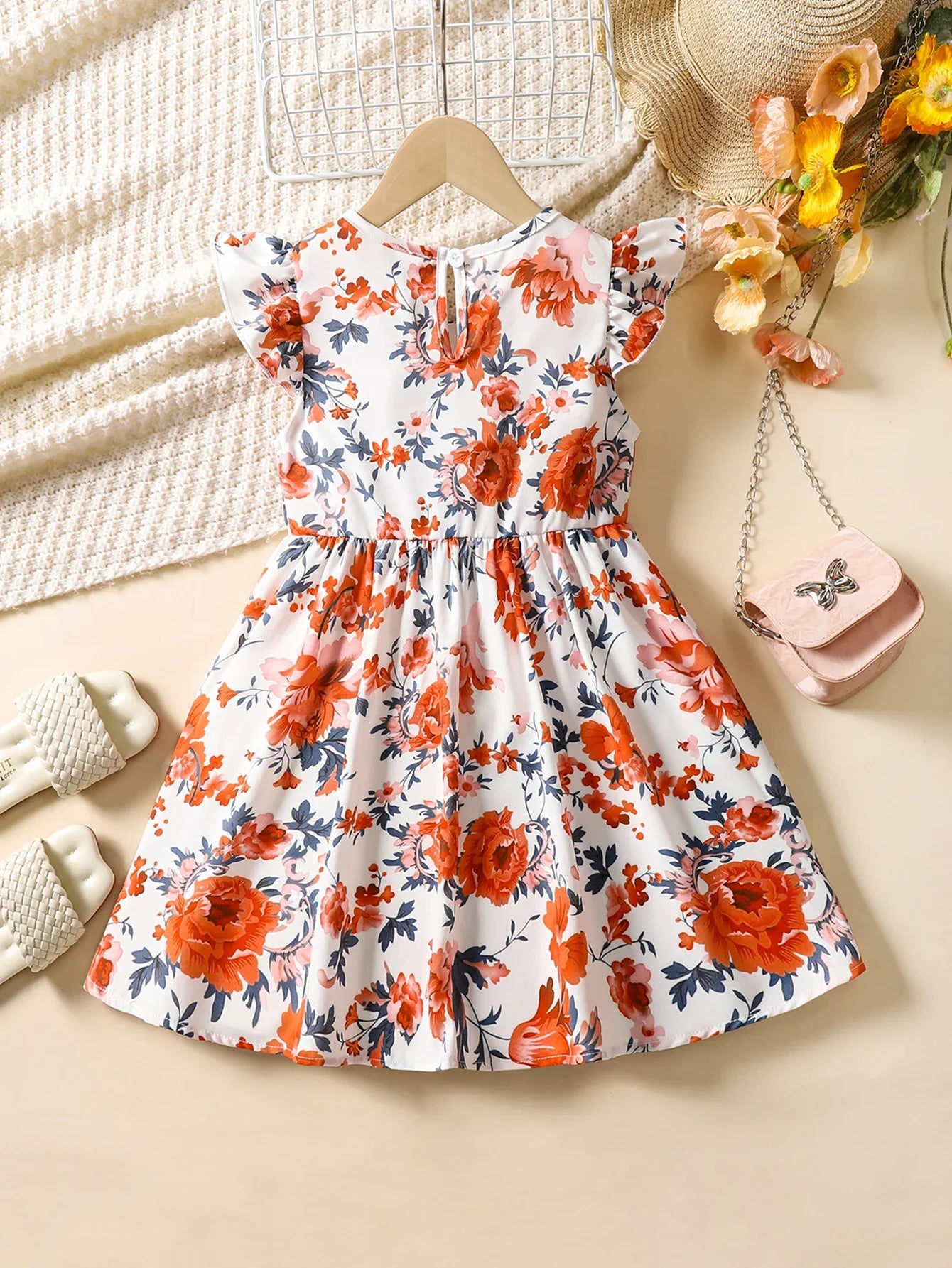 Vestido Infantil de Verão com Estampa Floral – Mangas em Babado e Gola Redonda