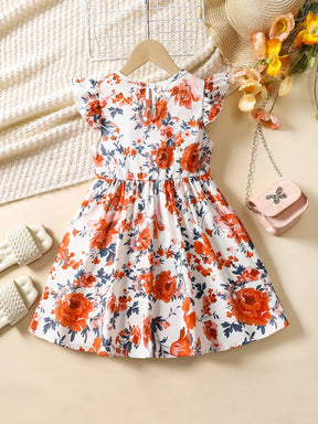 Vestido Infantil de Verão com Estampa Floral – Mangas em Babado e Gola Redonda