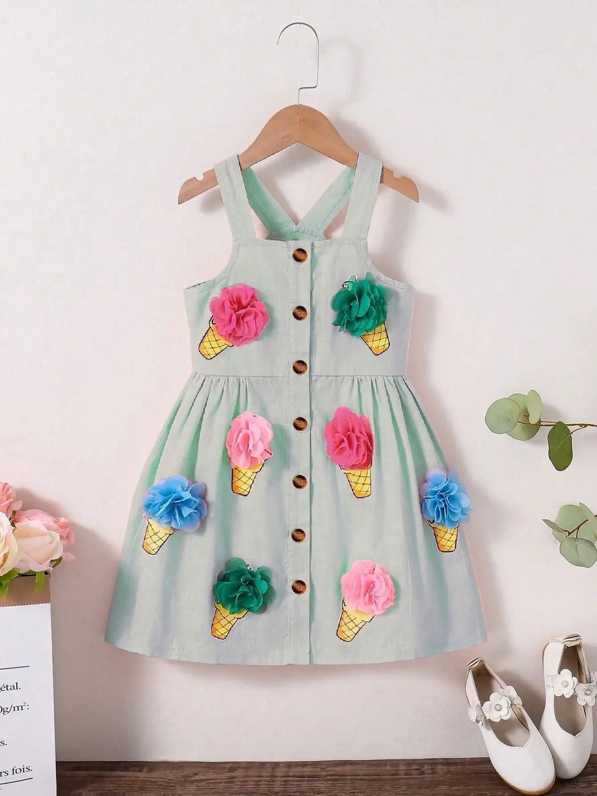 Vestido Infantil Branco de Verão com Estampa de Sorvete e Flores 3D – Sem Mangas