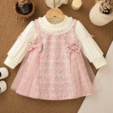 Vestido Infantil Xadrez com Tule e Laço – Manga Longa e Estilo Doce para Meninas