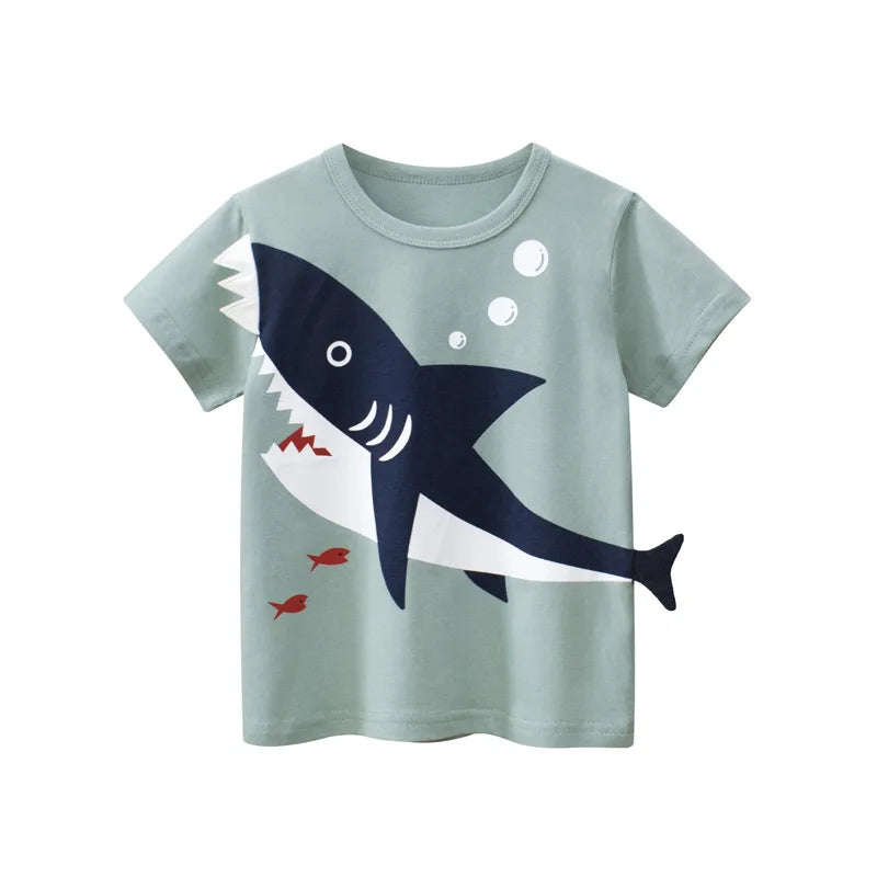Camisetas Infantis 100% Algodão com Estampa 3D – Tubarões e Dinossauros Divertidos