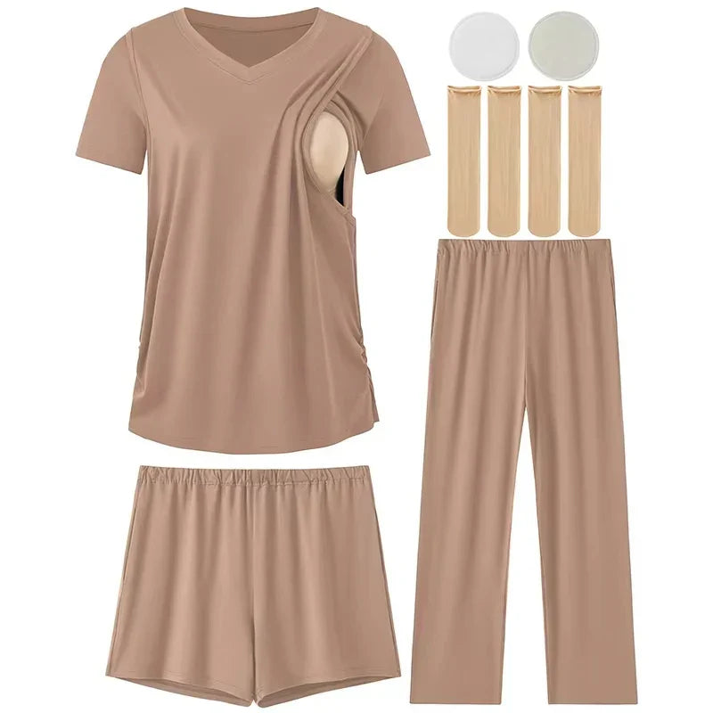 Kit 3 Peças Pijama Maternidade e Amamentação Nude – Conforto Prático para Mamães