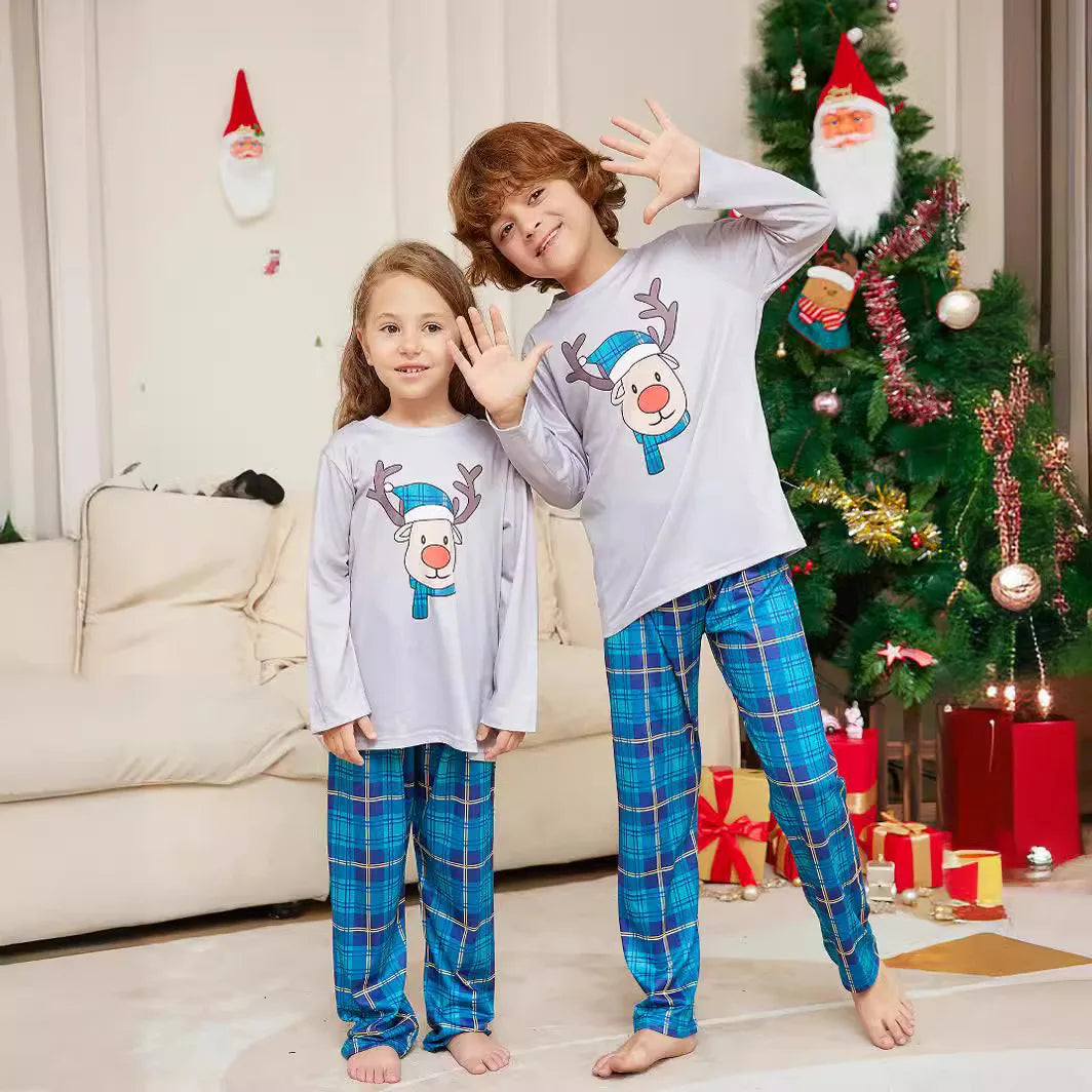 Conjunto Família Natal– Pijamas Rena Xadrez Azul