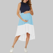 Vestido Gestante Midi Color Block Azul, Branco e Laranja – Conforto e Estilo na Maternidade