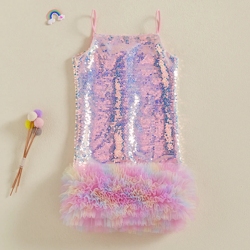 Vestido Infantil de Festa com Paetês e Camadas de Tule – Alças Finas e Babados Elegantes