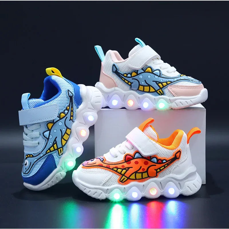 Tênis Infantil com LED Dinossauro – Sapato Esportivo com Luzes para Meninos e Meninas
