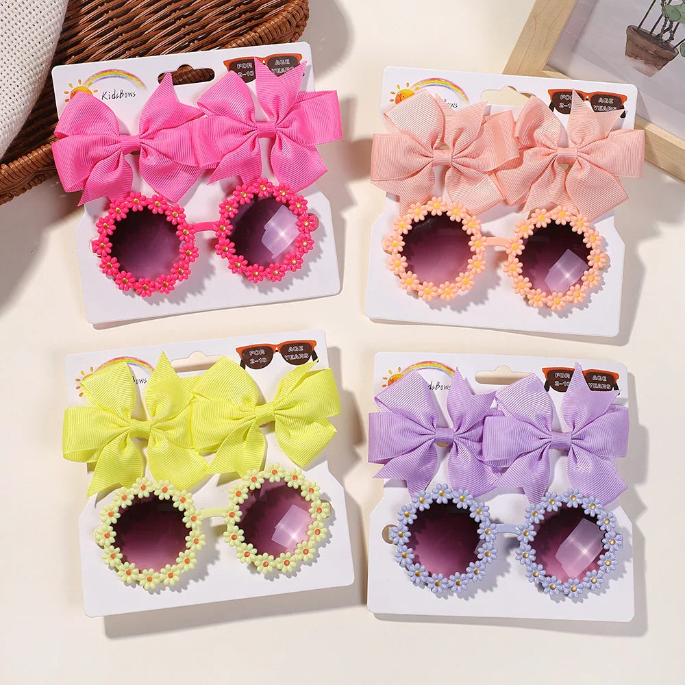 Conjunto 3 Presilhas Cheer Bow Retrô com Estampa Floral + Óculos Decorativo | Acessórios de Cabelo Feitos à Mão para Meninas