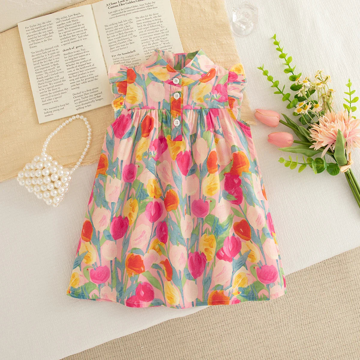 Vestido Infantil de Verão Sem Manga com Estampa Floral – Babados e Gola Alta