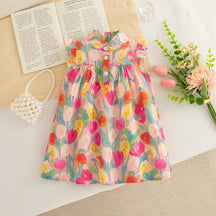 Vestido Infantil de Verão Sem Manga com Estampa Floral – Babados e Gola Alta
