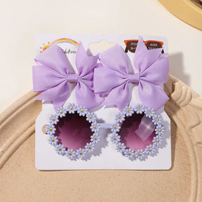 Conjunto 3 Presilhas Cheer Bow Retrô com Estampa Floral + Óculos Decorativo | Acessórios de Cabelo Feitos à Mão para Meninas