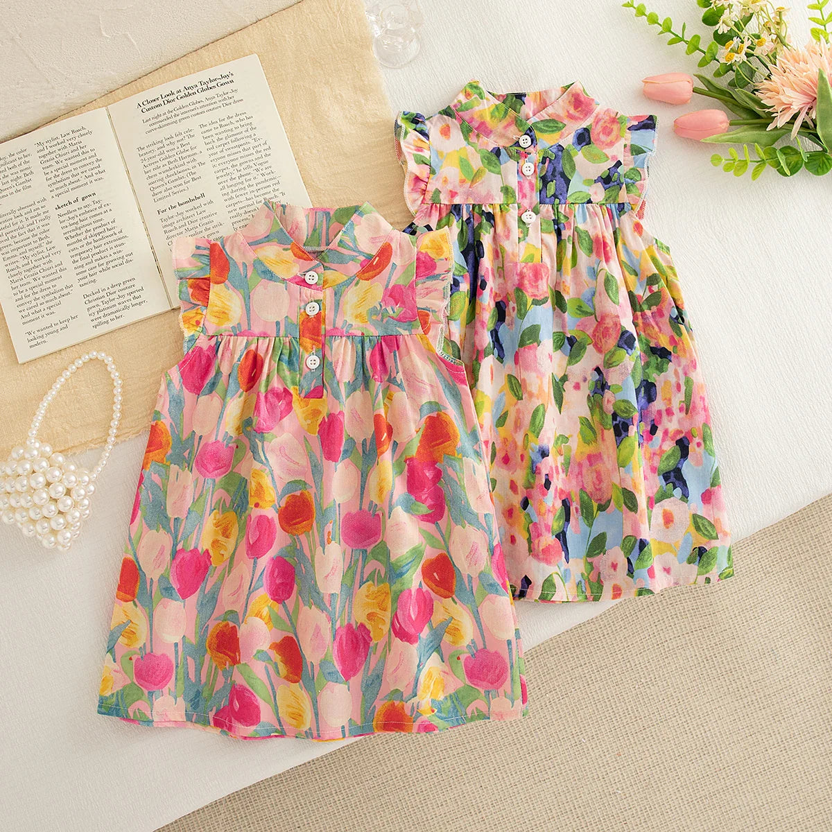 Vestido Infantil de Verão Sem Manga com Estampa Floral – Babados e Gola Alta