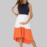 Vestido Gestante Midi Color Block Azul, Branco e Laranja – Conforto e Estilo na Maternidade