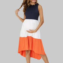 Vestido Gestante Midi Color Block Azul, Branco e Laranja – Conforto e Estilo na Maternidade