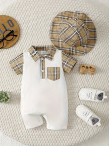 Macacão Infantil Masculino de Verão com Gola Xadrez e Chapéu – Conforto e Estilo para Bebês
