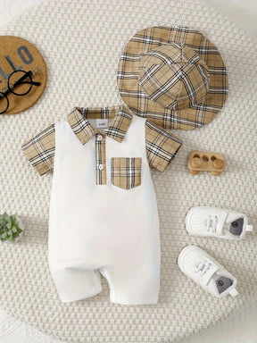 Macacão Infantil Masculino de Verão com Gola Xadrez e Chapéu – Conforto e Estilo para Bebês