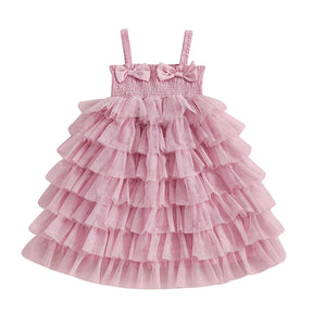 Vestido Infantil Rosa com Babados em Camadas e Laços – Roupa de Festa para Meninas