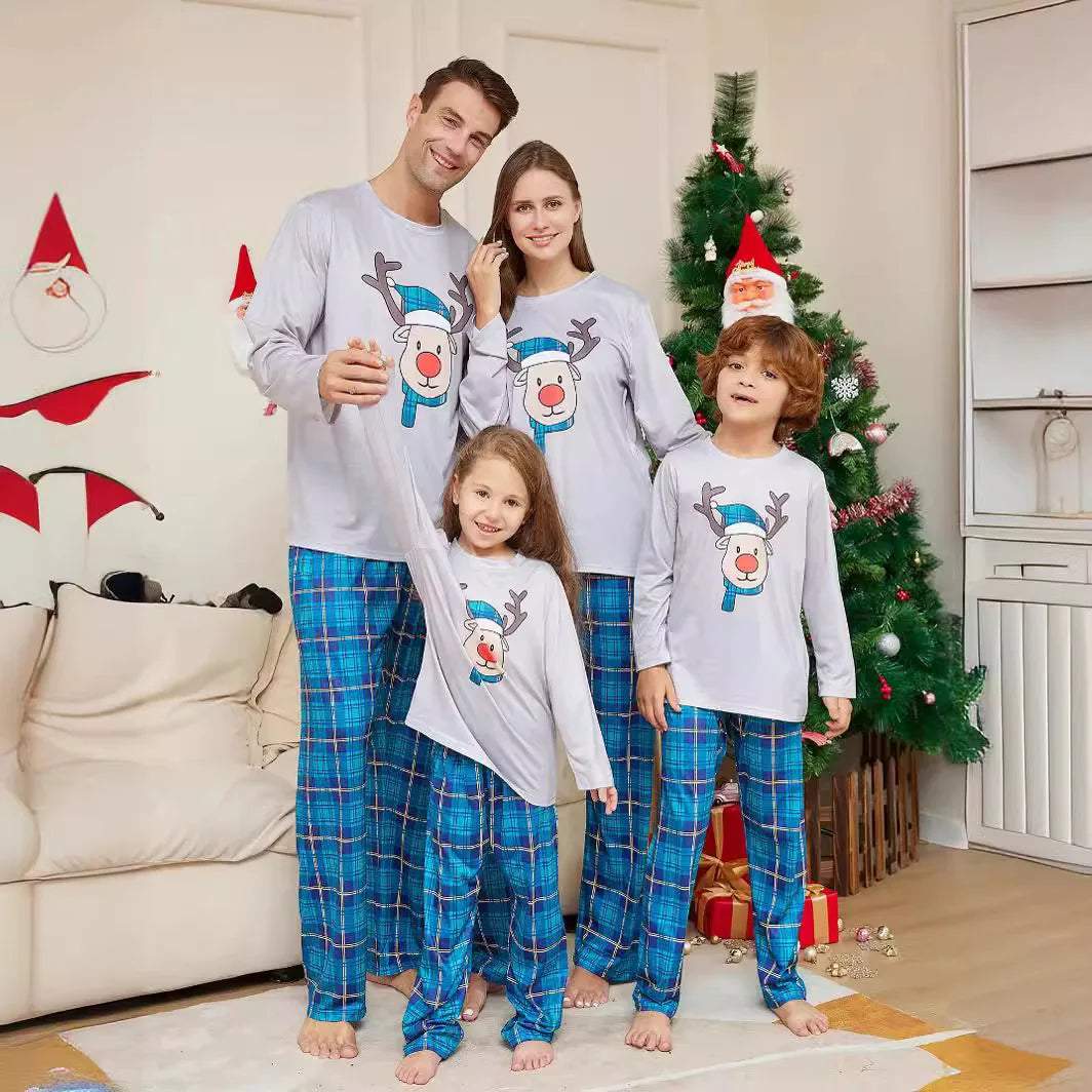 Conjunto Família Natal– Pijamas Rena Xadrez Azul