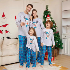 Conjunto Família Natal– Pijamas Rena Xadrez Azul