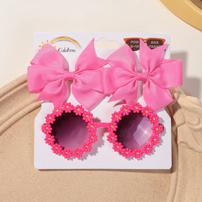 Conjunto 3 Presilhas Cheer Bow Retrô com Estampa Floral + Óculos Decorativo | Acessórios de Cabelo Feitos à Mão para Meninas