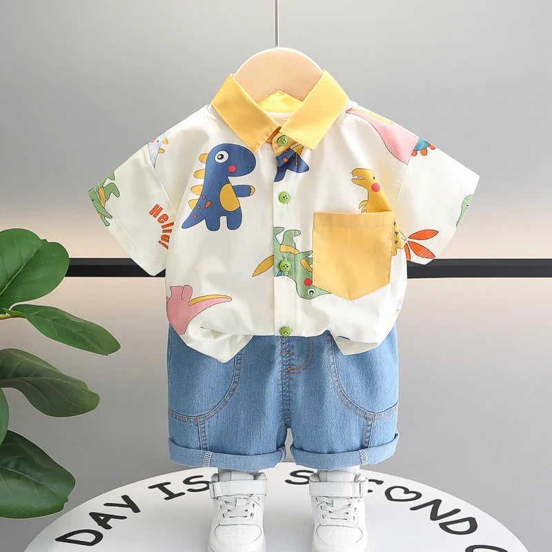Conjunto Infantil de Verão com Estampa de Dinossauro – Camisa e Short 2 Peças