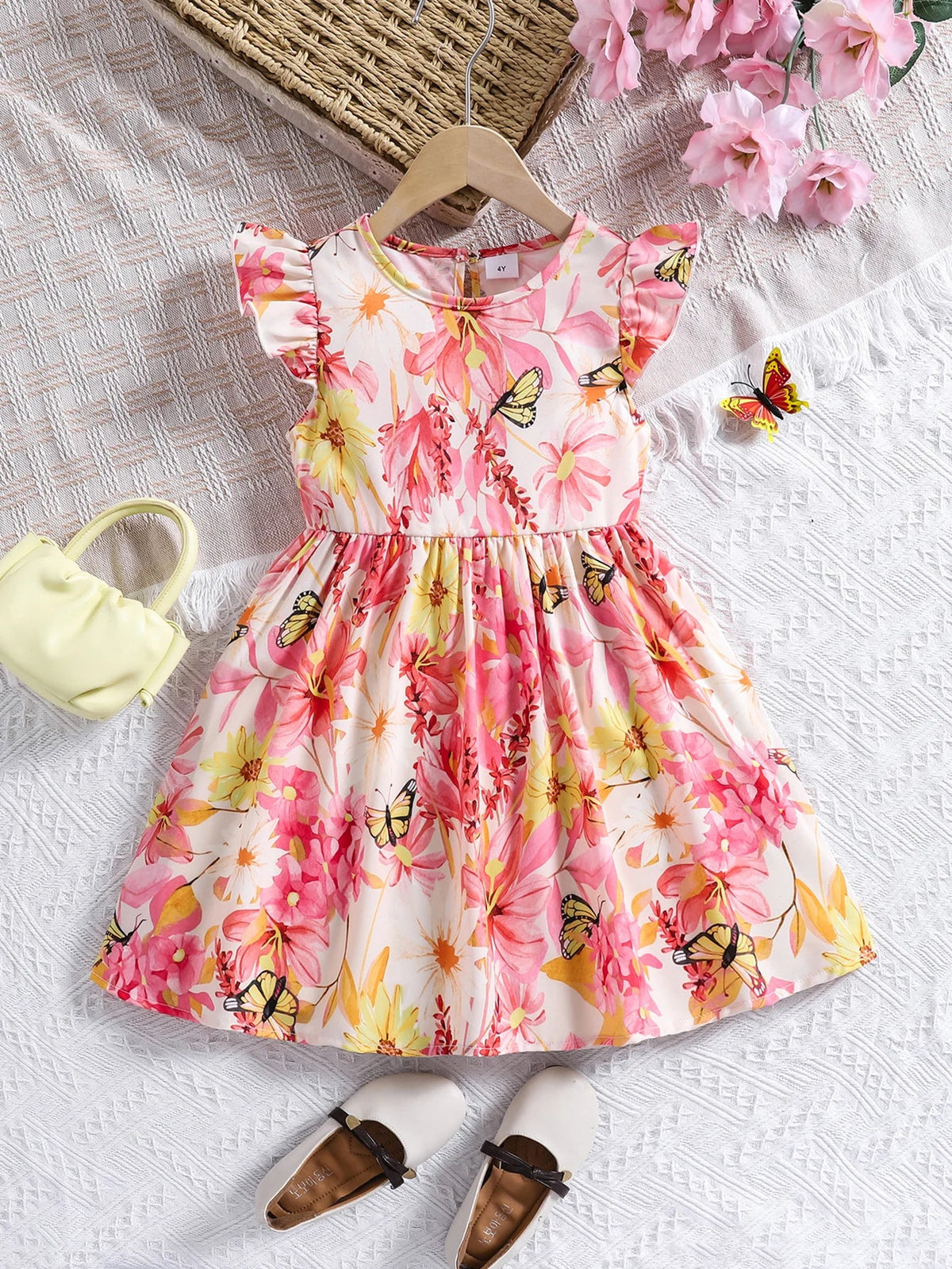 Vestido Infantil de Verão com Estampa Floral – Mangas em Babado e Gola Redonda