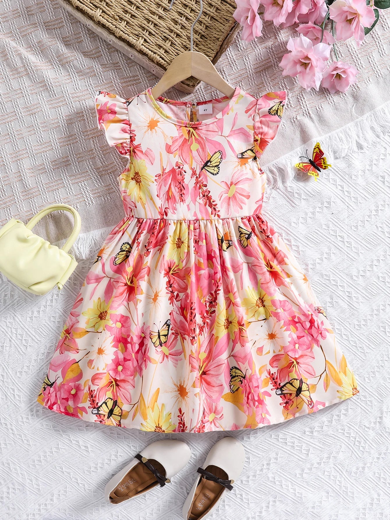 Vestido Infantil de Verão com Estampa Floral – Mangas em Babado e Gola Redonda