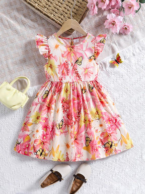 Vestido Infantil de Verão com Estampa Floral – Mangas em Babado e Gola Redonda
