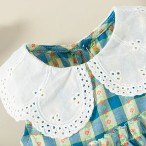 Vestido Infantil Feminino Xadrez Azul com Gola Branca Bordada – Delicadeza e Estilo para as Pequenas