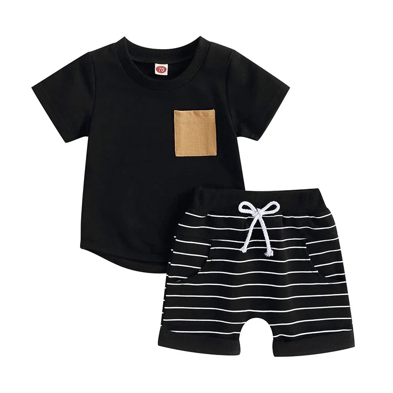 Conjunto Infantil Masculino de Verão – Camiseta de Algodão e Shorts Listrados Elásticos