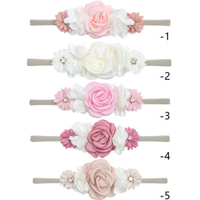 5 Tiaras Florais para Bebê Recém-Nascido – Faixas de Cabelo de Nylon com Flores Artificiais e Strass