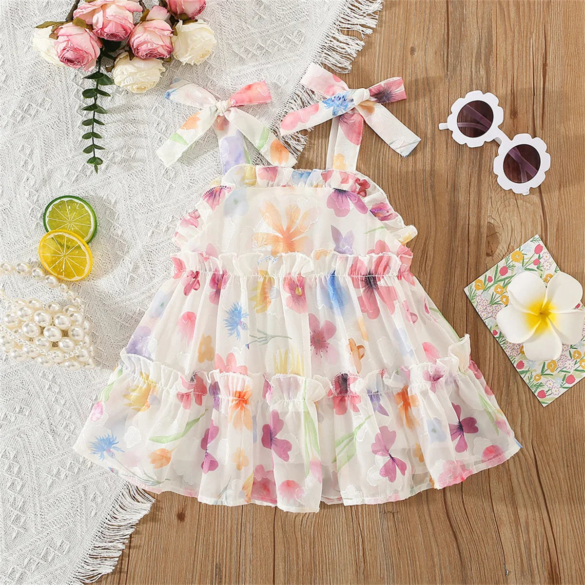 Vestido Infantil de Verão em Mousseline Floral – Sem Mangas com Laço Decorativo