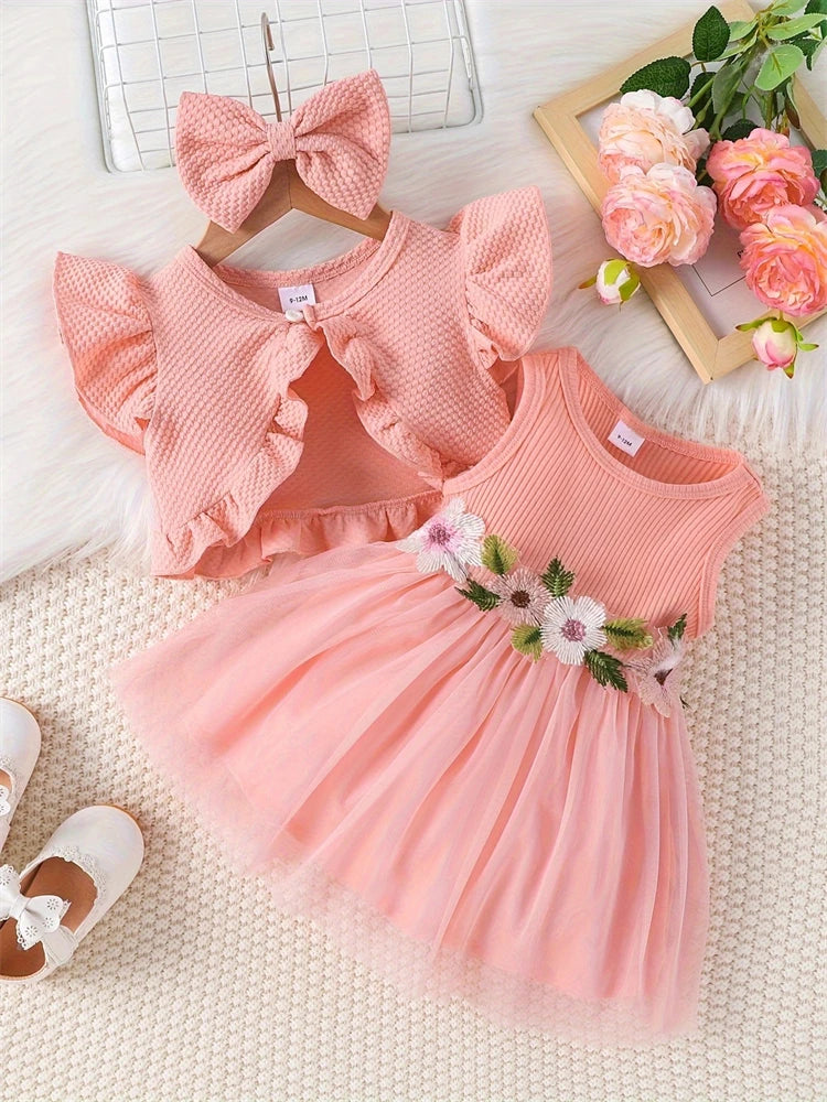 Vestido Infantil de Verão com Flor na Cintura – Conjunto com Bolero e Laço para Bebês