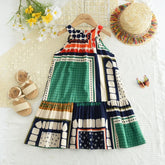 Vestido Infantil Verão Sem Manga com Estampa Patchwork Colorida – Moda Coreana para Meninas