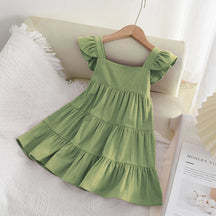 Vestido Infantil de Verão com Babados – Estilo Princesa Coreano, Sem Mangas e Cores Sólidas