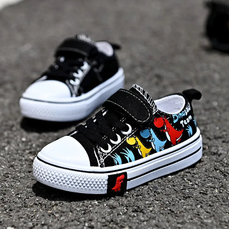 Tênis Infantil Dinossauro Preto – Casual Confortável com Velcro e Estampa Colorida