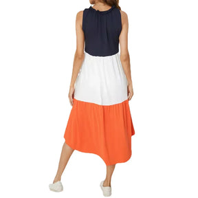 Vestido Gestante Midi Color Block Azul, Branco e Laranja – Conforto e Estilo na Maternidade
