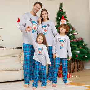 Conjunto Família Natal– Pijamas Rena Xadrez Azul