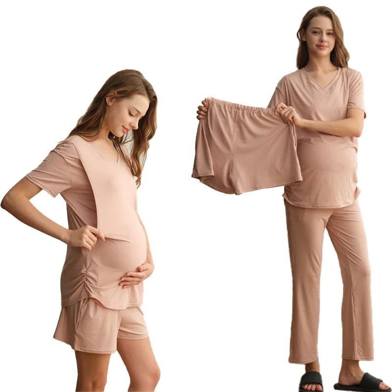 Kit 3 Peças Pijama Maternidade e Amamentação Nude – Conforto Prático para Mamães