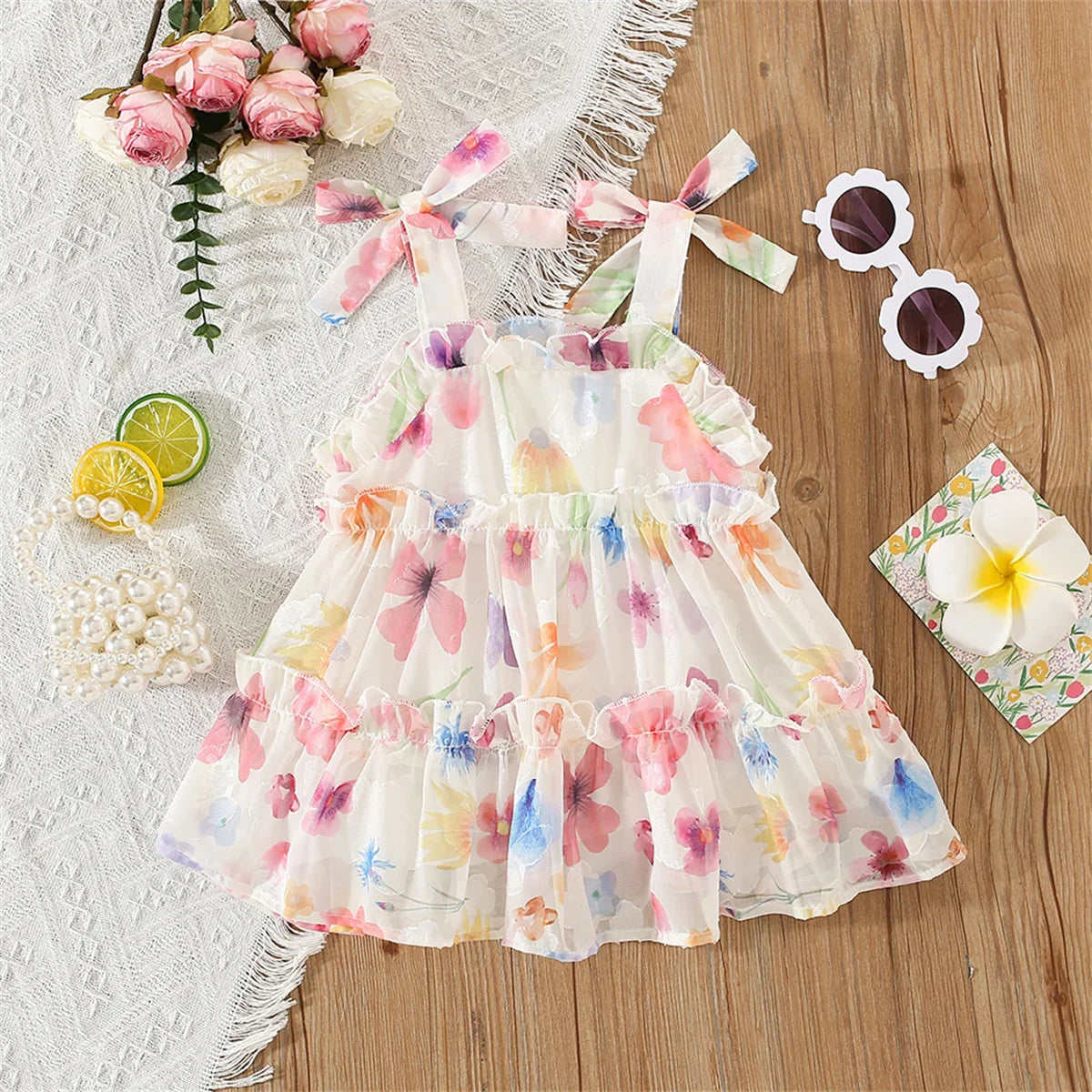Vestido Infantil de Verão em Mousseline Floral – Sem Mangas com Laço Decorativo
